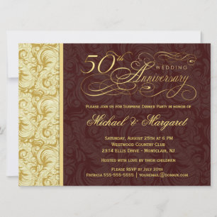 Invitation 50e anniversaire Surprise Party - Gold Damask