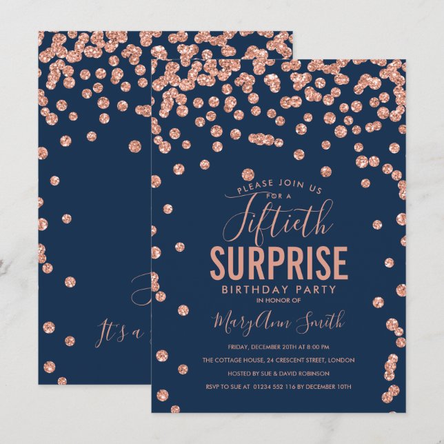Invitation 50e Anniversaire Surprise Rose Gold Navy Bleu (Devant / Derrière)