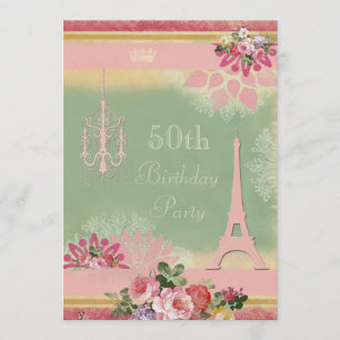 Invitation 50e anniversaire Tour Eiffel rose et lustre