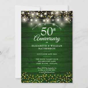 Invitation 50e Anniversaire Vert Rustique Bois Coeurs d'or