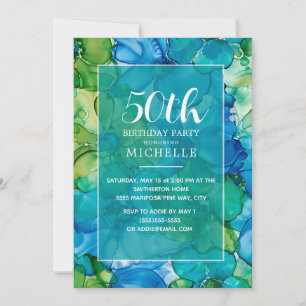 Invitation 50e Anniversaire Vert Sarcelle Encre Alcool Élégan