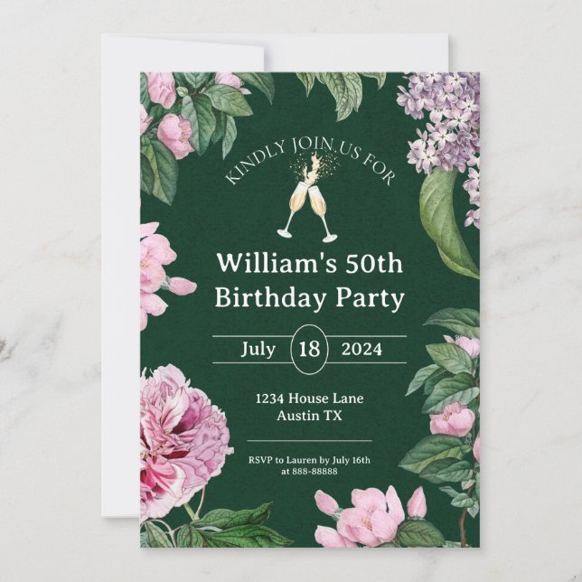 Invitation 50e aquarelle Fleurs élégantes Anniversaire (Devant)