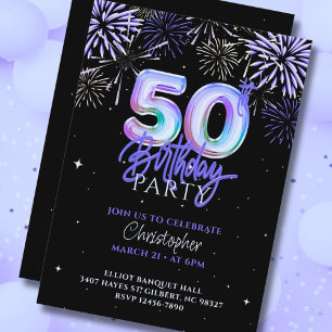 Invitation 50e Bleu Violet Feu d'artifice Foil Balloon Annive