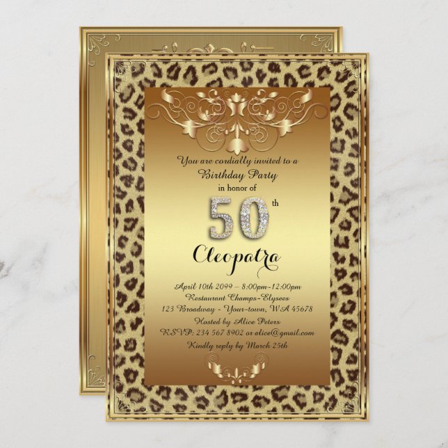 Invitation 50e, fête d'anniversaire 50e, or Royal Cheetah plu (Devant / Derrière)
