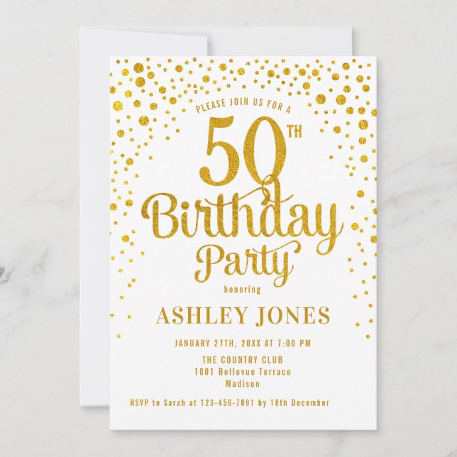 Invitation 50e fête d'anniversaire - Blanc & Or (Devant)