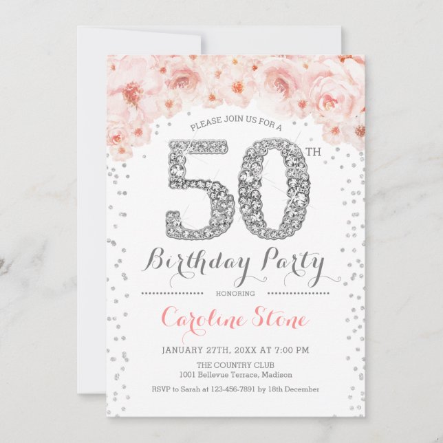 Invitation 50e fête d'anniversaire - Blanc Silver rose (Devant)
