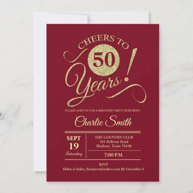 Invitation 50e fête d'anniversaire - Dark Red Gold (Devant)