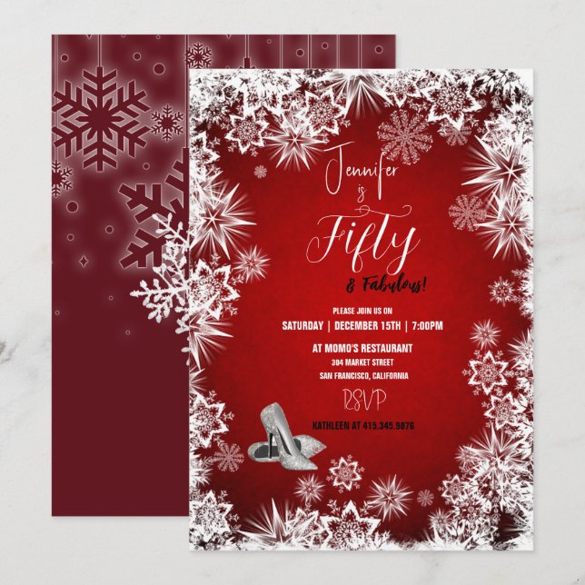 Invitation 50e Fête d'anniversaire d'hiver Flammes de neige r (Devant / Derrière)