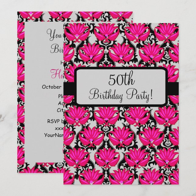 Invitation 50e fête d'anniversaire Fuchsia rose noir Damask (Devant / Derrière)