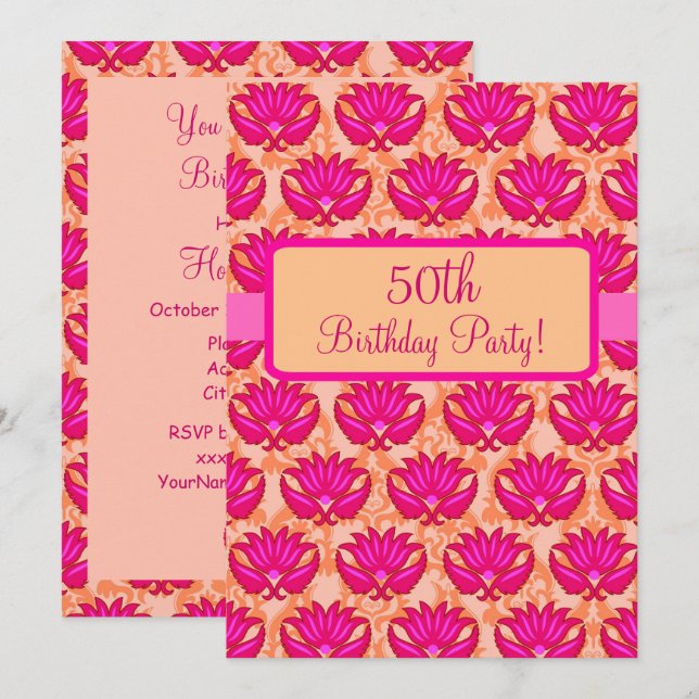 Invitation 50e fête d'anniversaire Fuchsia rose orange Damask (Devant / Derrière)
