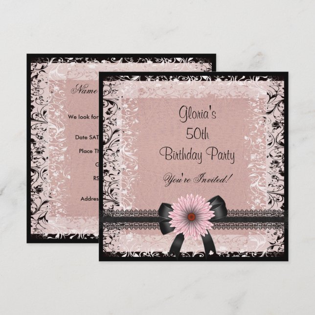 Invitation 50e fête d'anniversaire Noir Blanc Beige Rose Flor (Devant / Derrière)