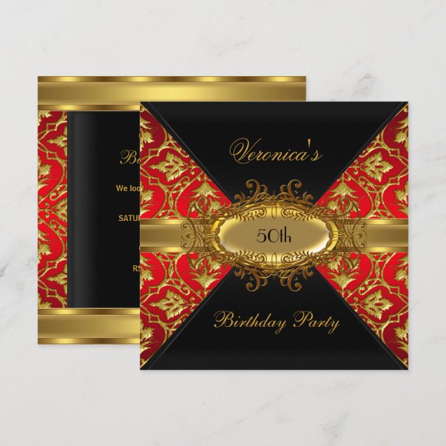 Invitation 50e fête d'anniversaire Red Gold Black Damask invi (Devant / Derrière)