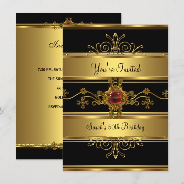 Invitation 50e fête d'anniversaire Riche or noir bijou rouge (Devant / Derrière)