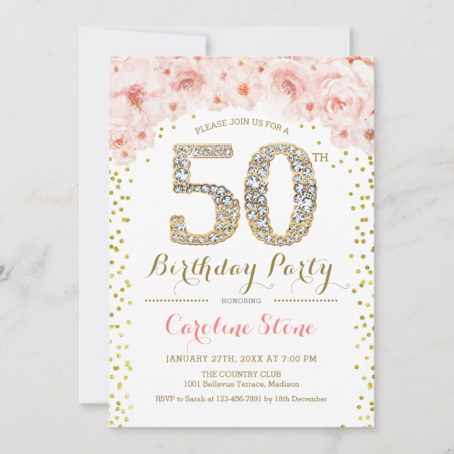 Invitation 50e fête d'anniversaire - Rose or blanc (Devant)