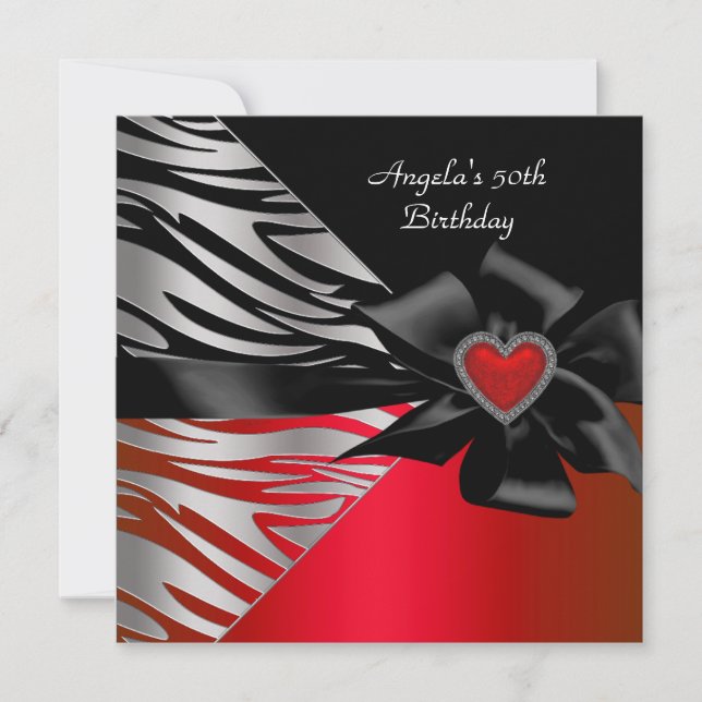 Invitation 50e fête d'anniversaire Rouge Argent Zèbre Noir Bl (Devant)