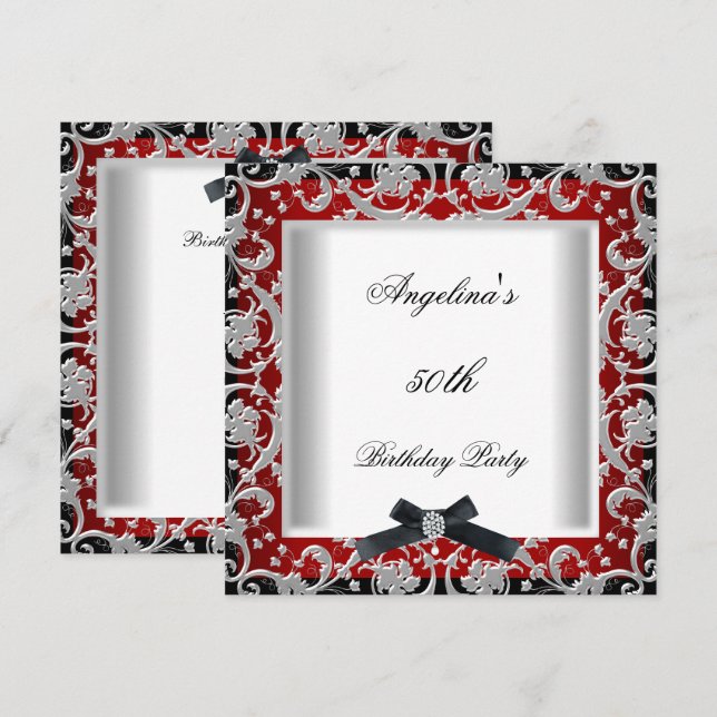 Invitation 50e fête d'anniversaire Rouge Noir Blanc Bijou Bow (Devant / Derrière)