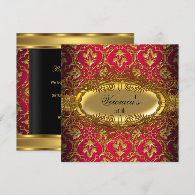 Invitation 50e fête d'anniversaire ROUGE rose or noir Damas (Devant / Derrière)