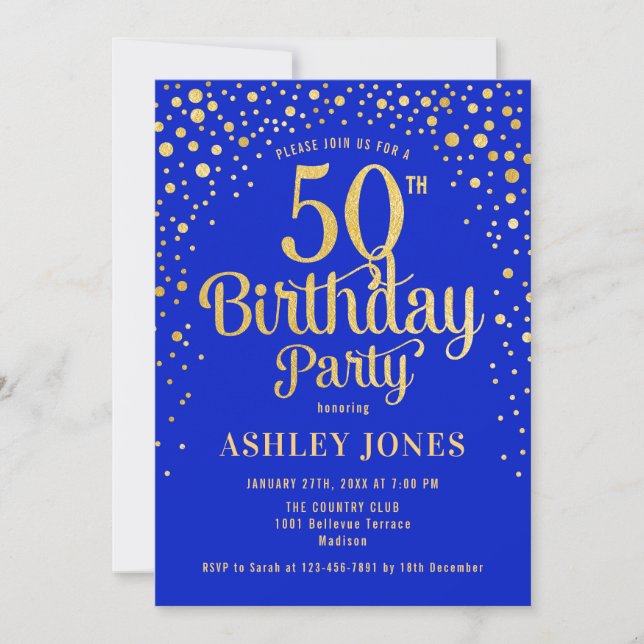 Invitation 50e fête d'anniversaire - Royal Blue & Gold (Devant)