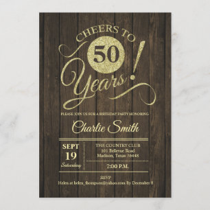 Invitation 50e fête d'anniversaire - Rustic Brown Wood Gold