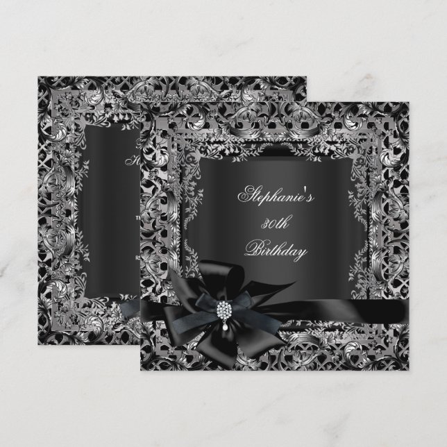 Invitation 50e fête d'anniversaire Silver Black Bow dentelle (Devant / Derrière)