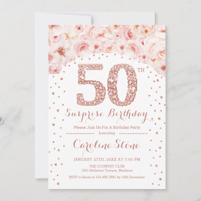 Invitation 50e fête d'anniversaire surprise - Rose blanche or (Devant)