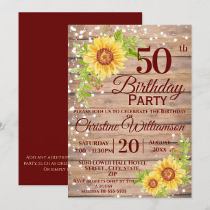 Invitation 50e fête d'anniversaire Tournesol floral rustique