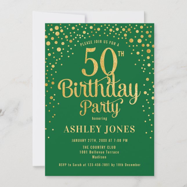 Invitation 50e fête d'anniversaire - Vert & Or (Devant)