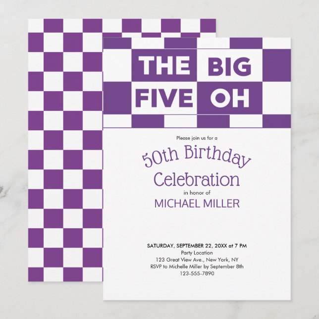 Invitation 50e fête d'anniversaire violet blanc À damiers Mot (Devant / Derrière)