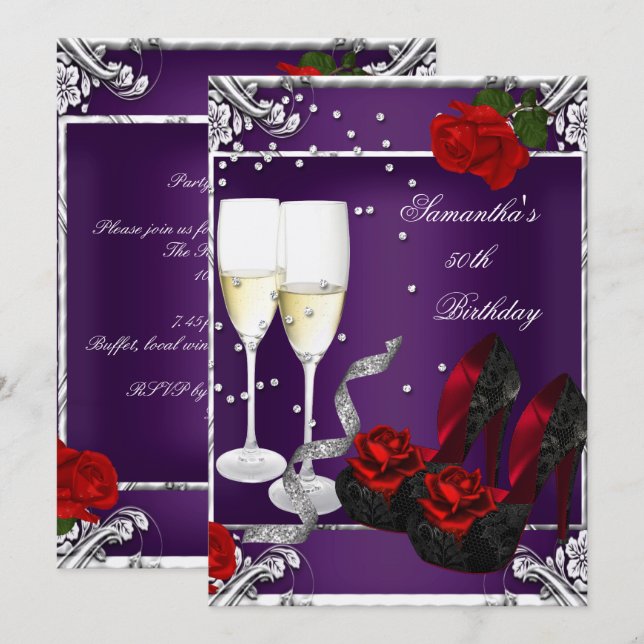 Invitation 50e fête d'anniversaire violet Rose rouge argent (Devant / Derrière)