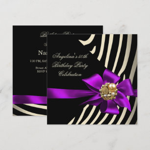 Invitation 50e Fête d'anniversaire Zèbre Violet Or Crème Noir