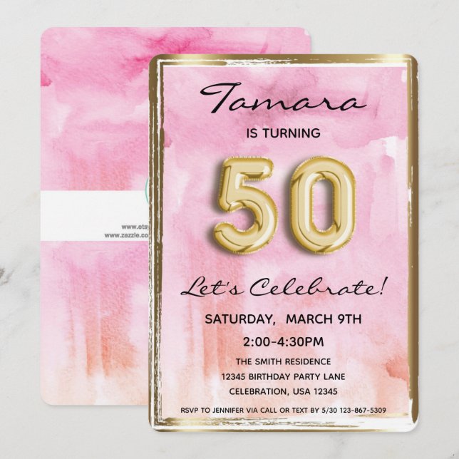 Invitation 50e Fille Anniversaire rose et or (Devant / Derrière)