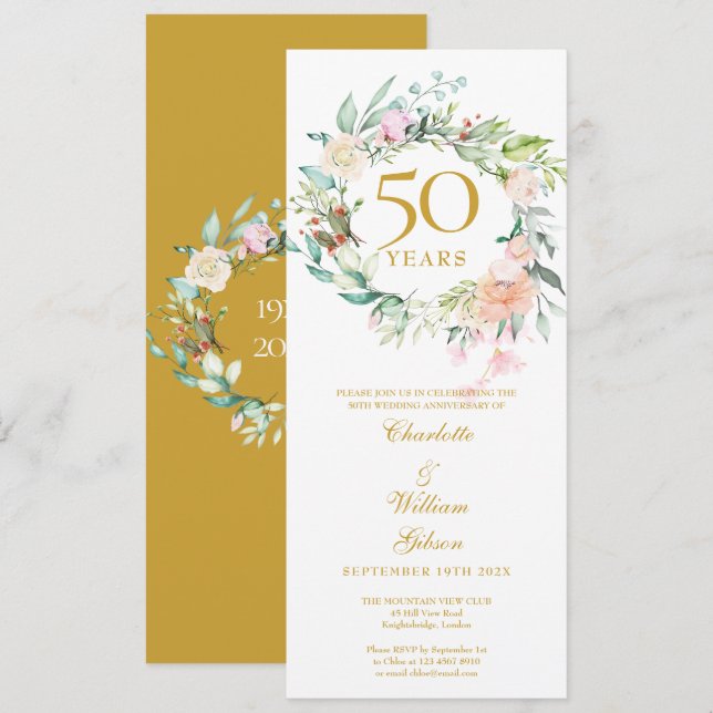 Invitation 50e Golden Wedding Anniversary Floral Garland (Devant / Derrière)