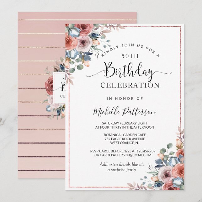 Invitation 50e (ou autre) Anniversaire Pink Gold, floral Blus (Devant / Derrière)