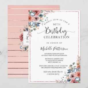Invitation 50e (ou autre) Anniversaire Pink Gold, floral Blus