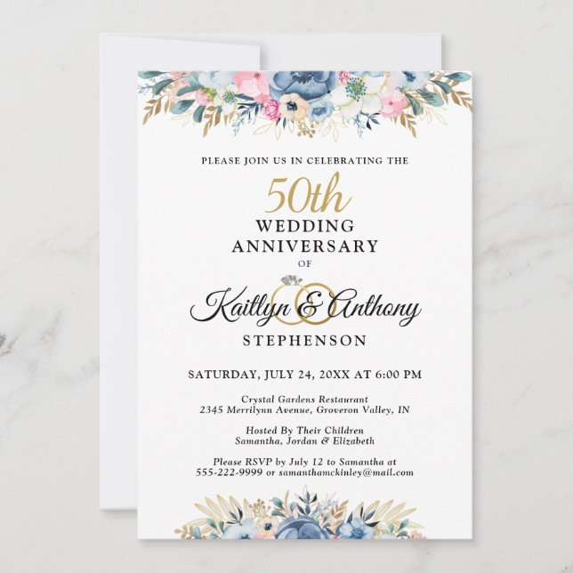 Invitation 50e ou toute autre anniversaire Élégant floral dor (Devant)