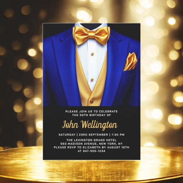 Invitation 50e Royal Blue and Gold Tuxedo Birthday Event (Créateur téléchargé)