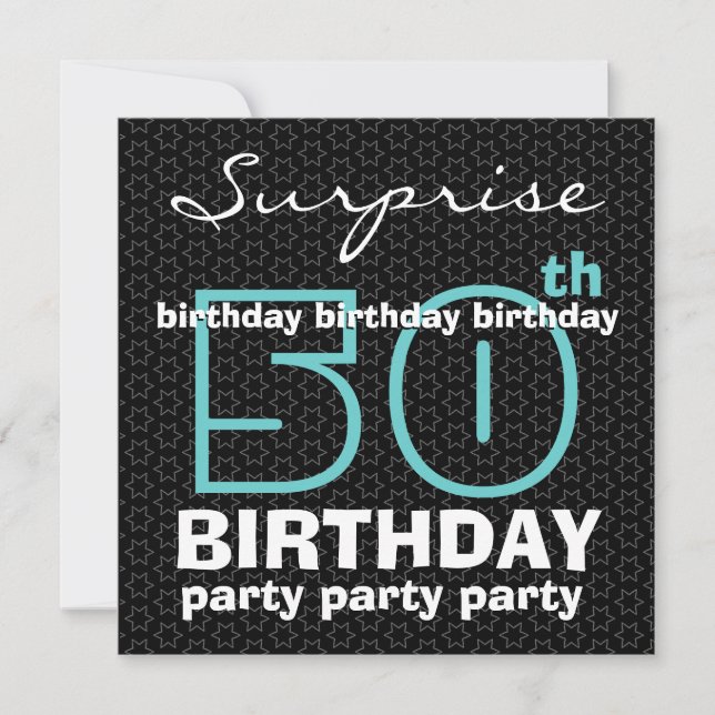 Invitation 50e SUPRISE Birthday Party Blue Black Stars F521 (Devant)