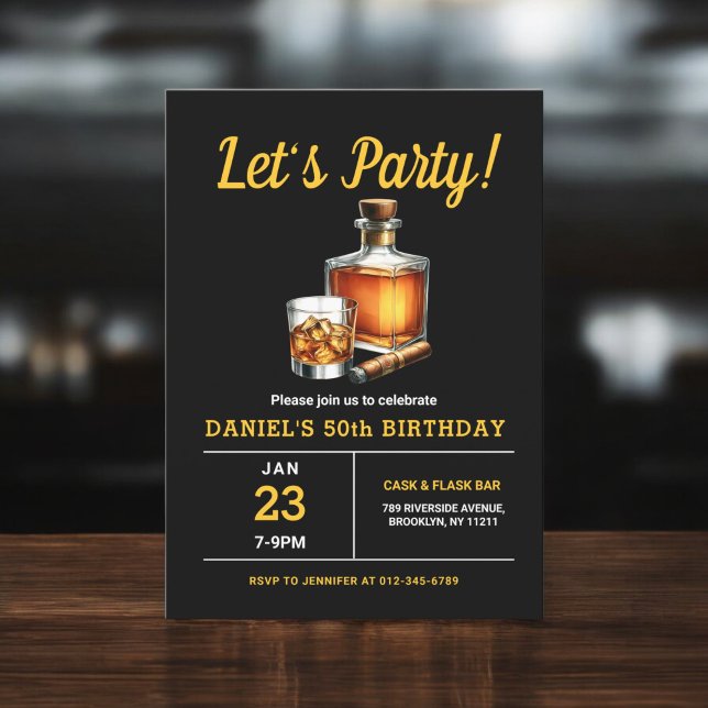 Invitation 50e Whiskey Cigar Bourbon fête d'anniversaire (Créateur téléchargé)
