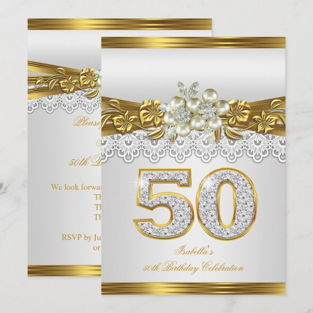 Invitation 50e White Pearl Gold Lace Floral fête d'anniversai (Devant / Derrière)