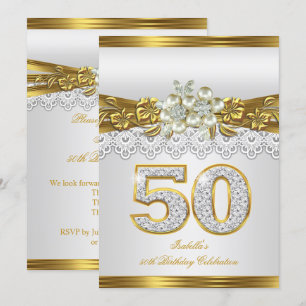 Invitation 50e White Pearl Gold Lace Floral fête d'anniversai