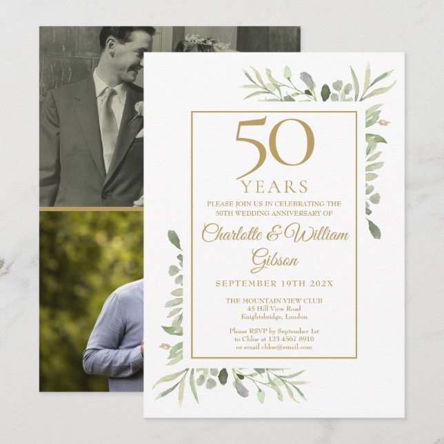 Invitation 50ème Anniversaire de Mariage d'or Verdure 2 Photo (Devant / Derrière)