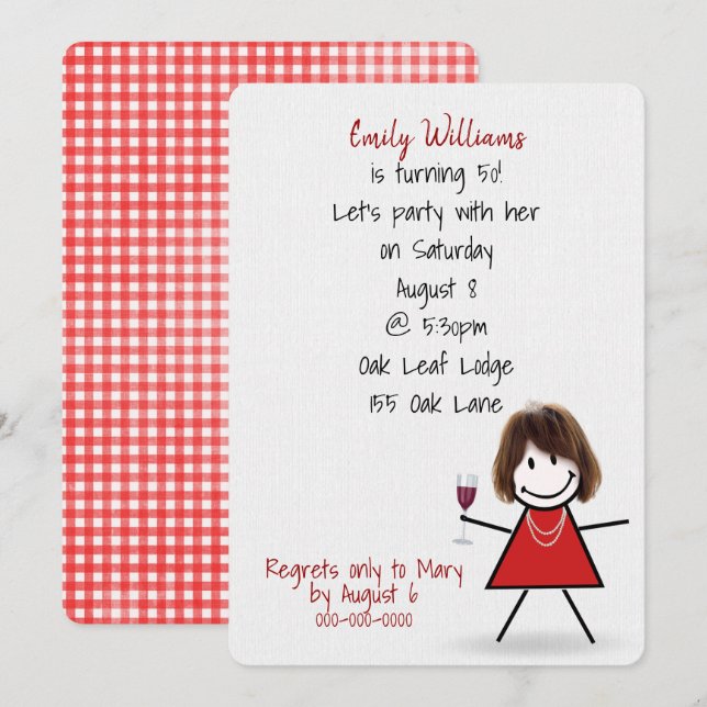 Invitation 50ème anniversaire Fille avec vin (Devant / Derrière)