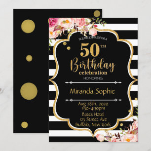 Invitation 50ème Black White Stripe rose Floral fête d'annive