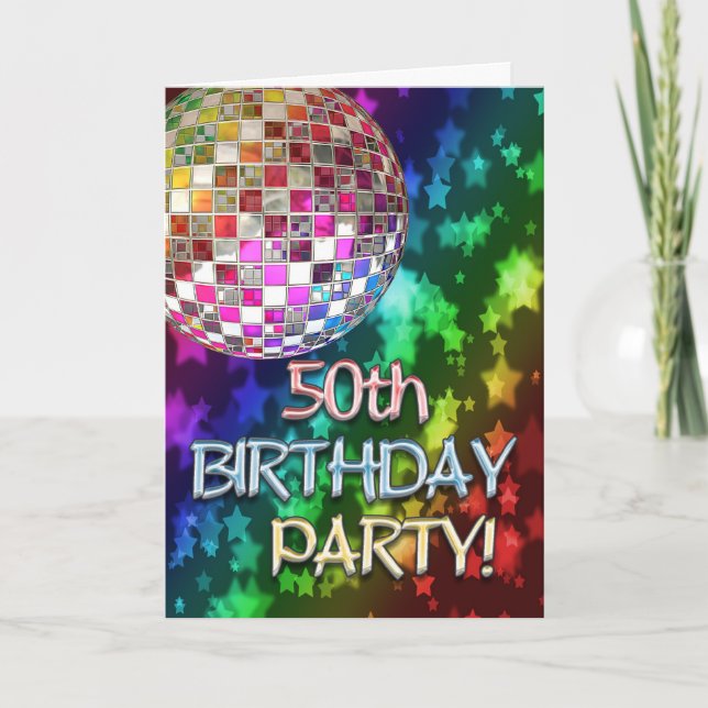 Invitation 50ème fête avec boule disco et arc-en-ciel d'étoil (Devant)