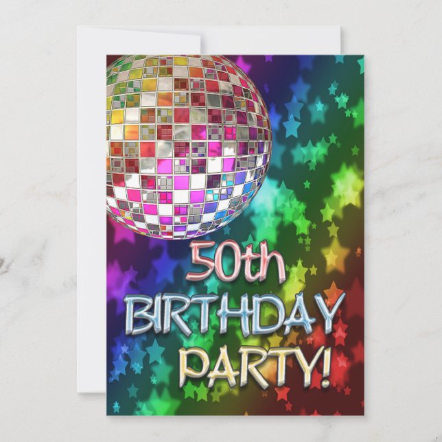 Invitation 50ème fête avec boule disco et arc-en-ciel d'étoil (Devant)