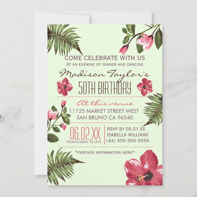 Invitation 50ème partie Hibiscus exotiques & Feuilles de palm (Devant)