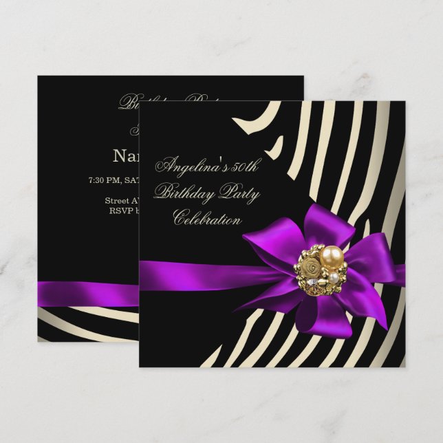 Invitation 50ème Zebra Purple Gold Cream Black Birthday Party (Devant / Derrière)