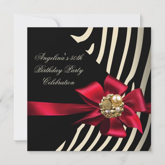 Invitation 50ème Zebra Red Gold Cream Black Birthday Party (Devant)