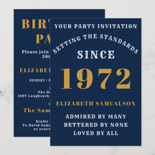 Invitation 50th Birthday 1972 Ajouter Votre Nom Blue Gold (Devant / Derrière)