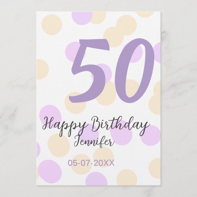 Invitation 50th birthday add name date purple orange polkadot (Devant)